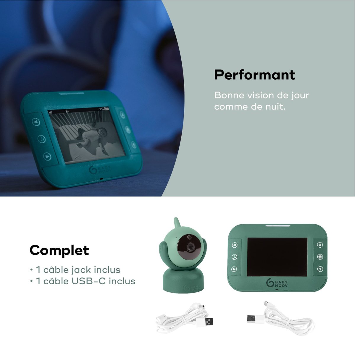 Babyphone vidéo multifonctions Yoo Twist avec caméra rotative et inclinable vert, BABYMOOV