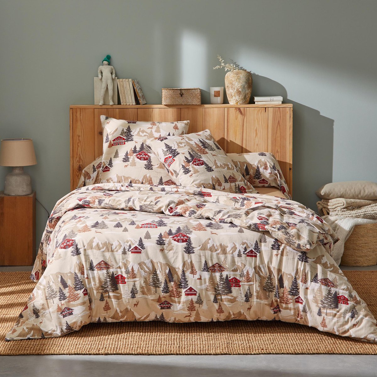 Parure de lit 3 pièces flanelle de coton montagne housse + taies beige, TRADILINGE