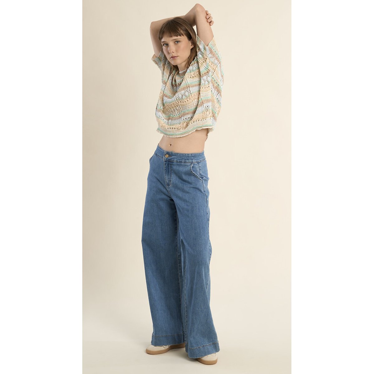 Pull ajouré manches courtes vert/bleu, MOLLY BRACKEN
