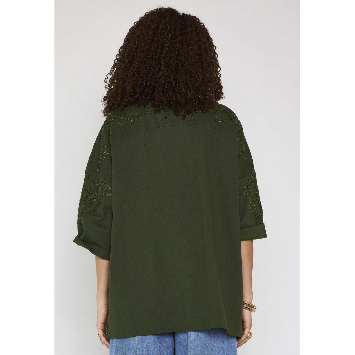 Veste brodée à manches 3/4 en coton VOYAGE kaki, Maison 123