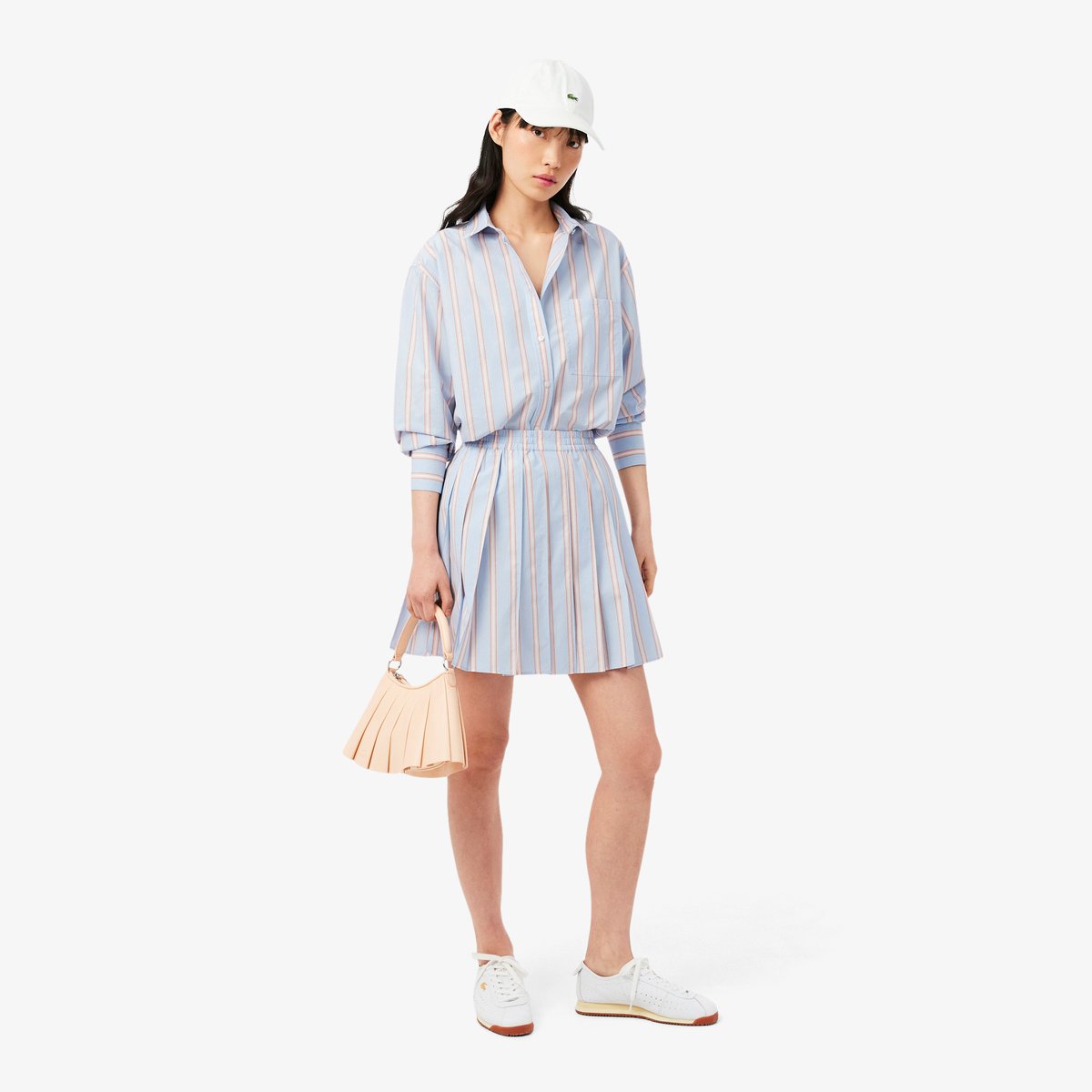 Jupe courte plissée rayée popeline bleu-48c, LACOSTE