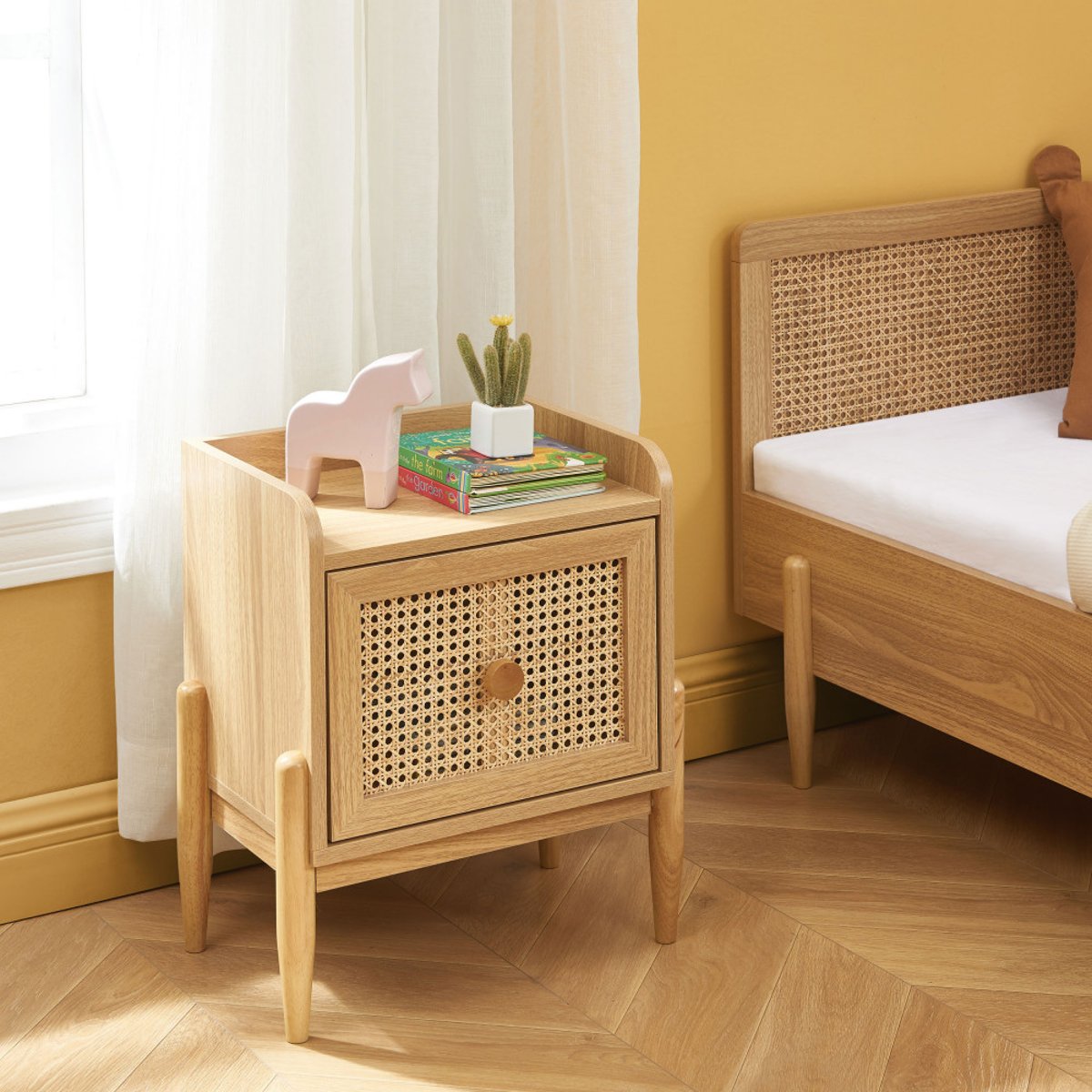 Table de chevet enfant 1 tiroir en bois et cannage- LILOU bois clair, DRAWER