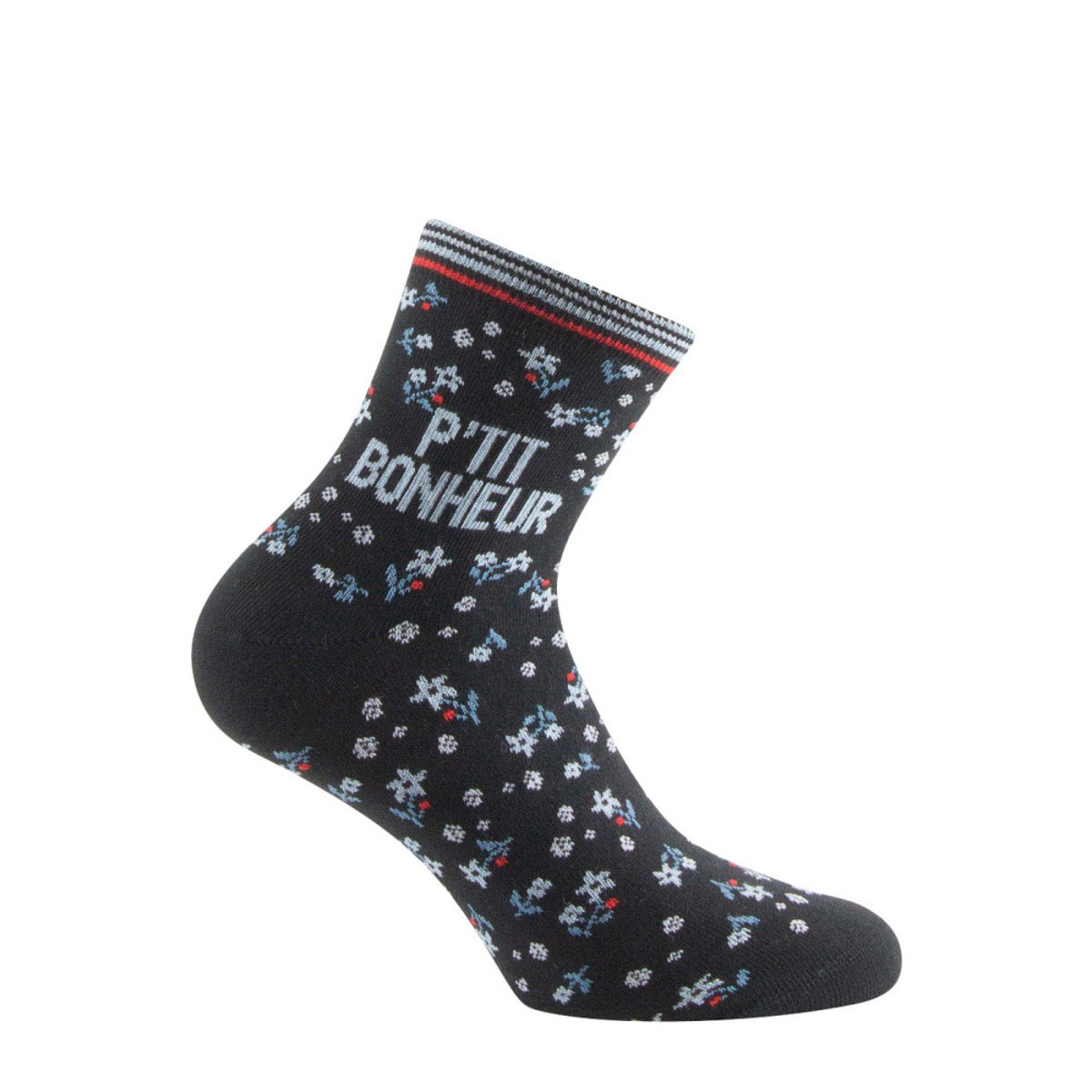 Socquettes Femme motif petites fleurs avec inscription P'tit bonheur Coton majoritaire marine, KINDY