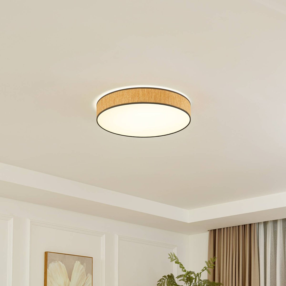 Plafonnier en bois moderneLED, Jutis bois clair, blanc, LINDBY