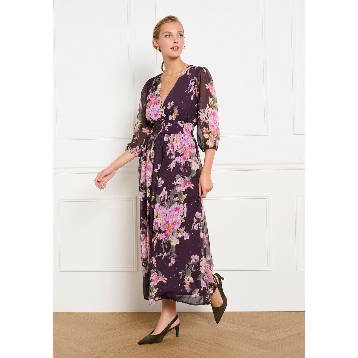 Robe maxi cache-coeur fleurie aubergine, LOLALIZA