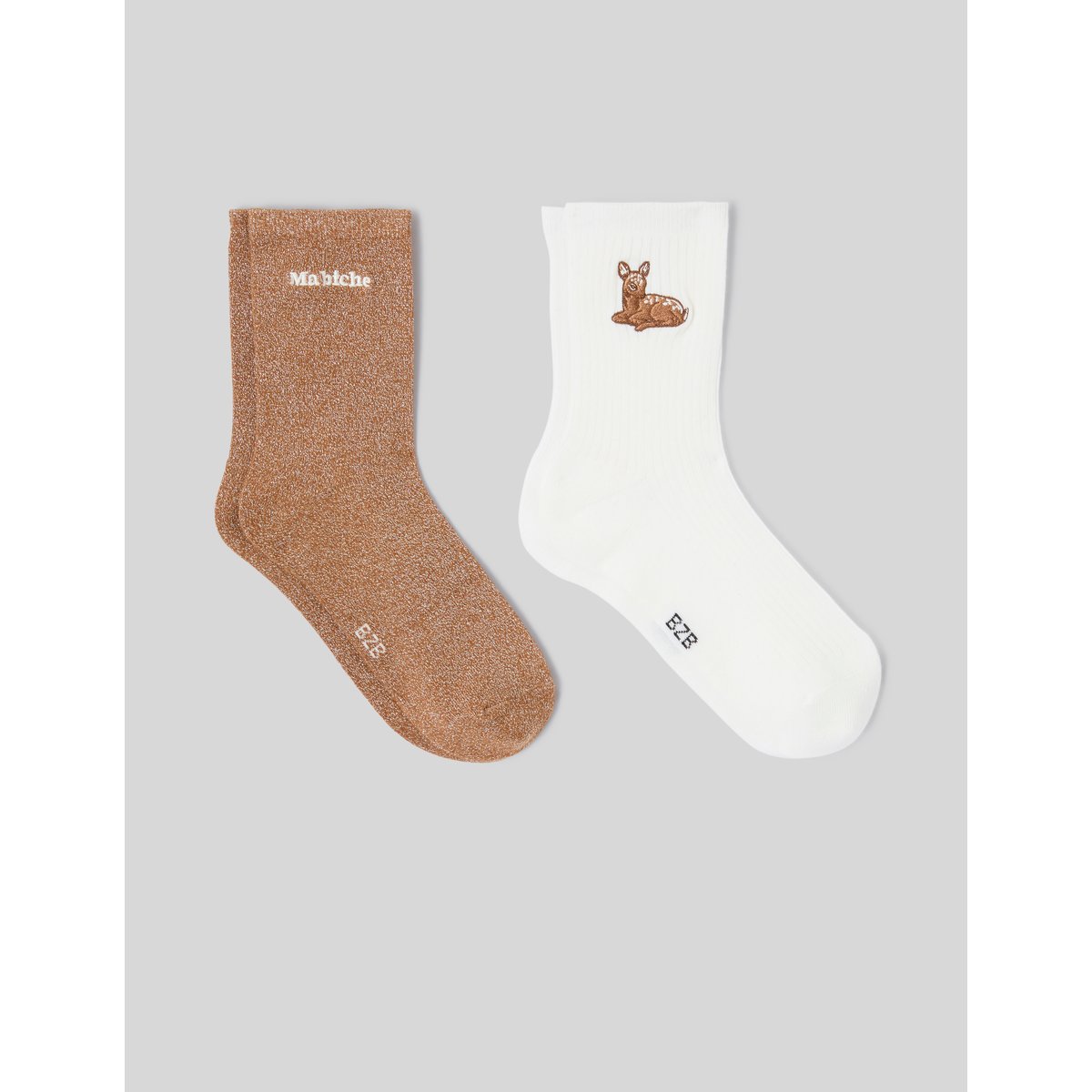 Lot de 2 paires de chaussettes brodées blanc écru, BZB
