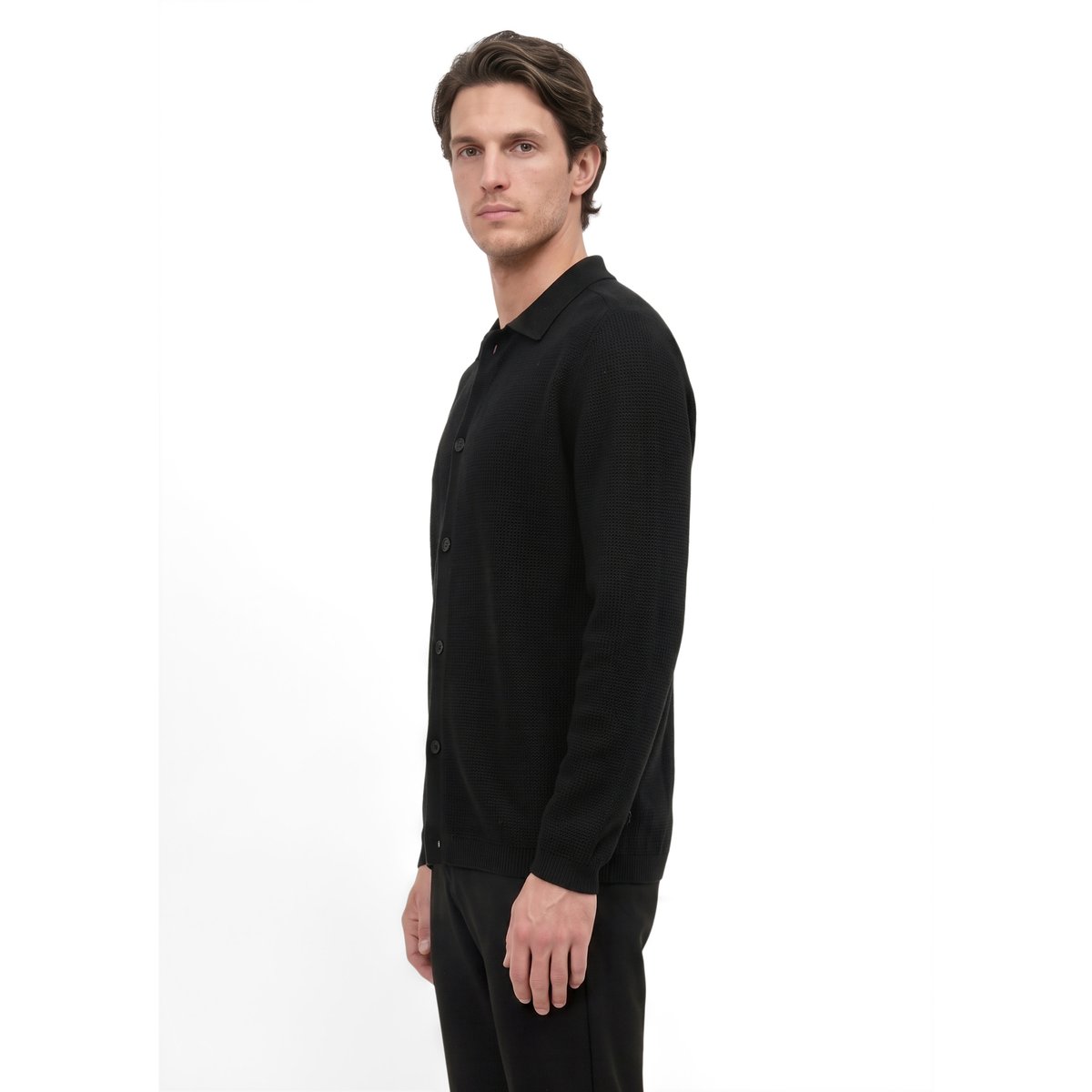 Cardigan polo coupe classique en laine mérinos fine noir, MARC O'POLO