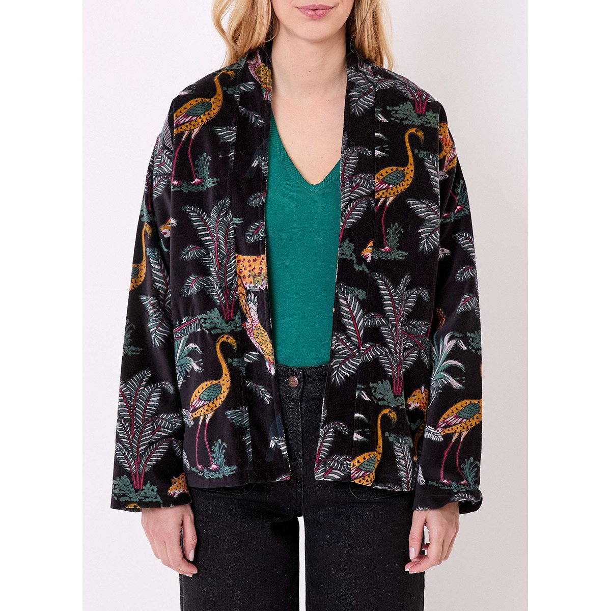 Veste Kimono velours imprimé indien DHARMA noir doré, LA FIANCÉE