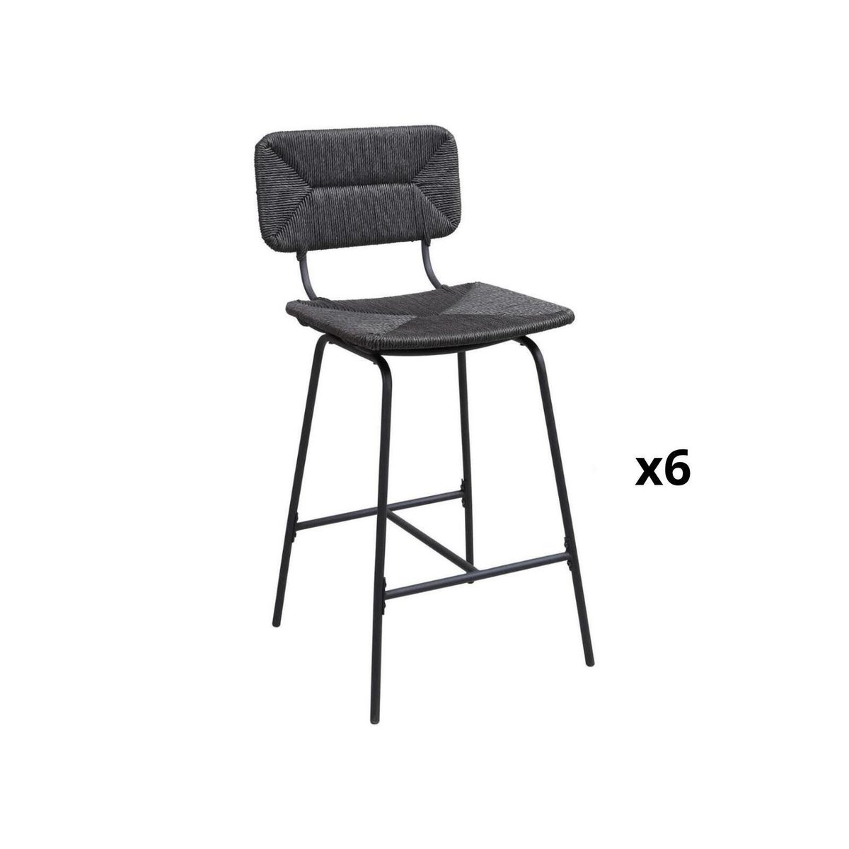 Lot de tabourets de bar et d'ilot en métal et assise rotin 65cm TIDRA|Lot de 6 | Lot de 6 noir, MOB IN