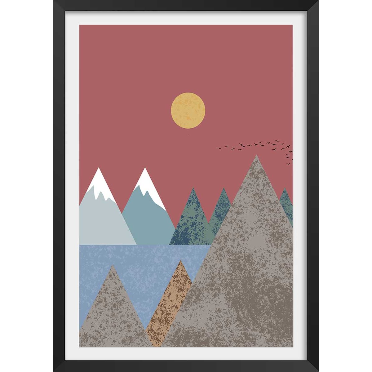 Affiche Soleil couchant affiche + cadre en bois - noir, HEXOA