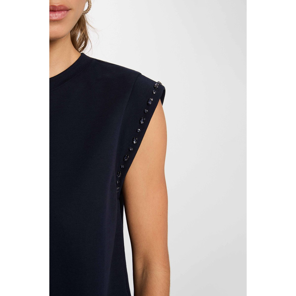 T-shirt col rond strass bleu marine, MORGAN