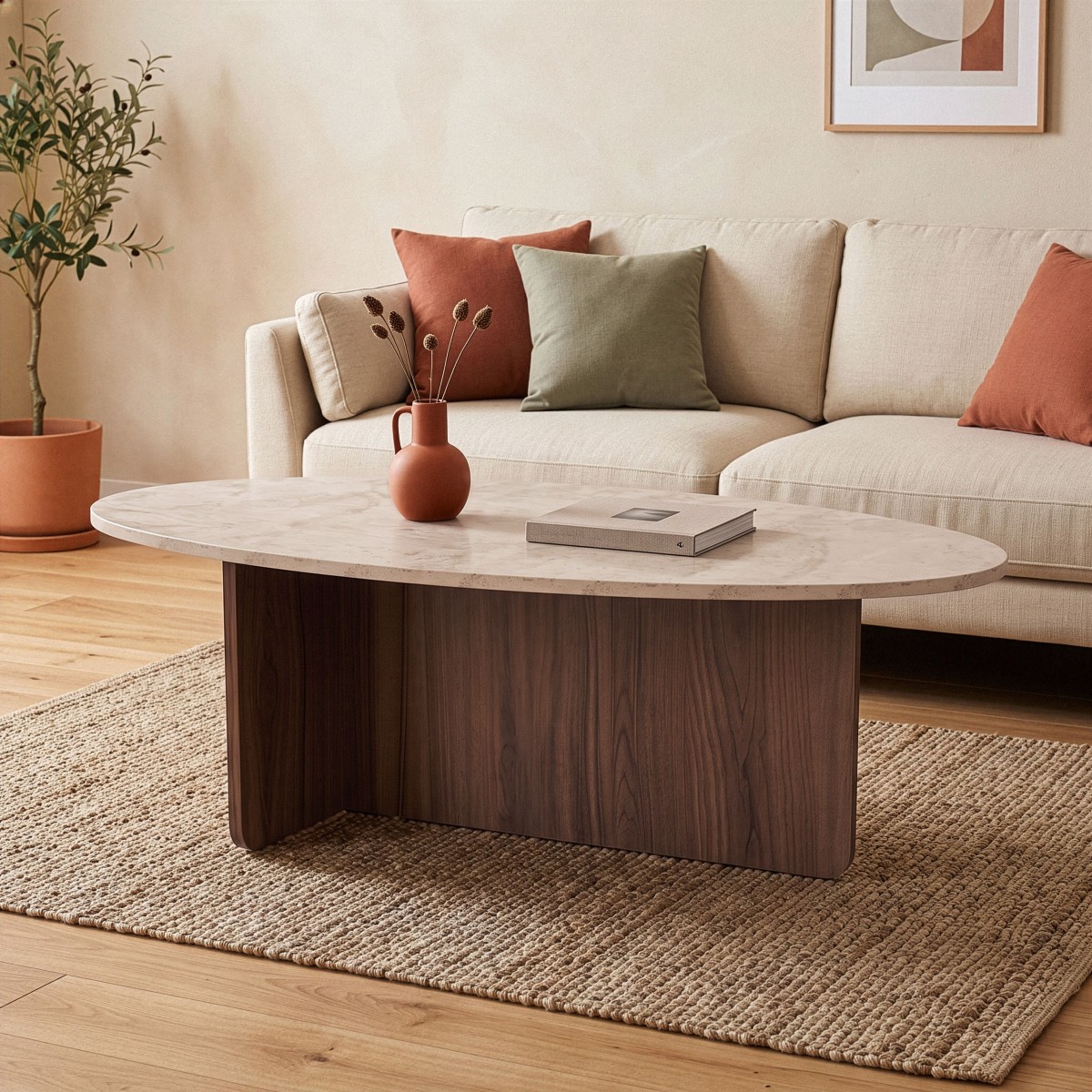 Table basse avec plateau ovale - ANNA noyer / travertin, CALICOSY