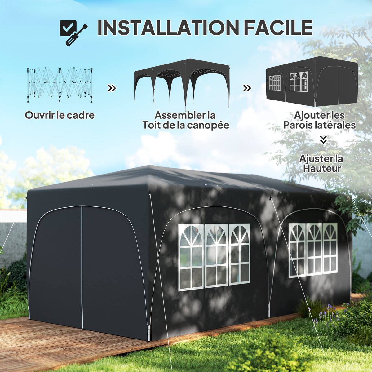 Auvent pliant Polyester Gris foncé noir, OUTSUNNY