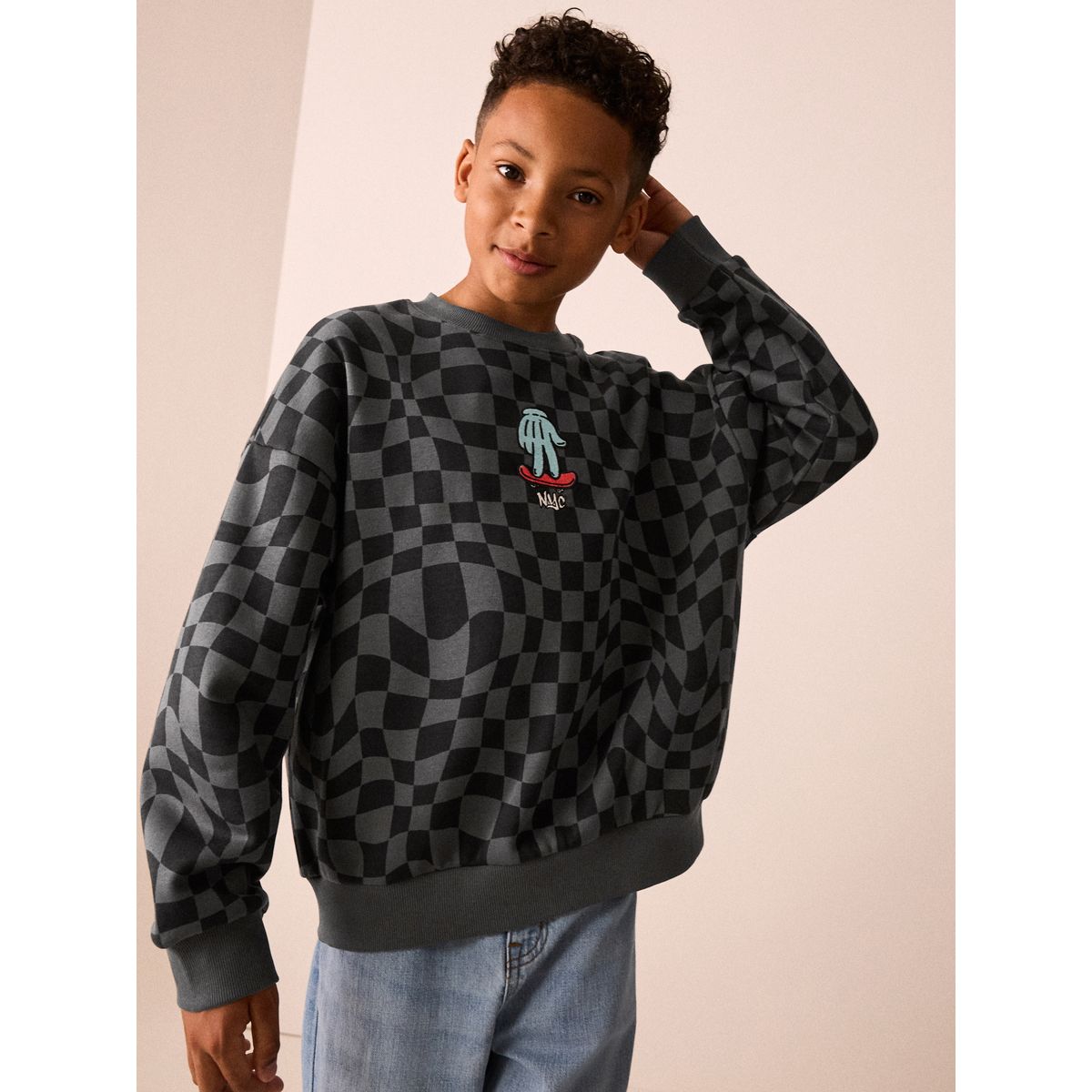 Pull ras du cou à motif noir/gris, NEXT