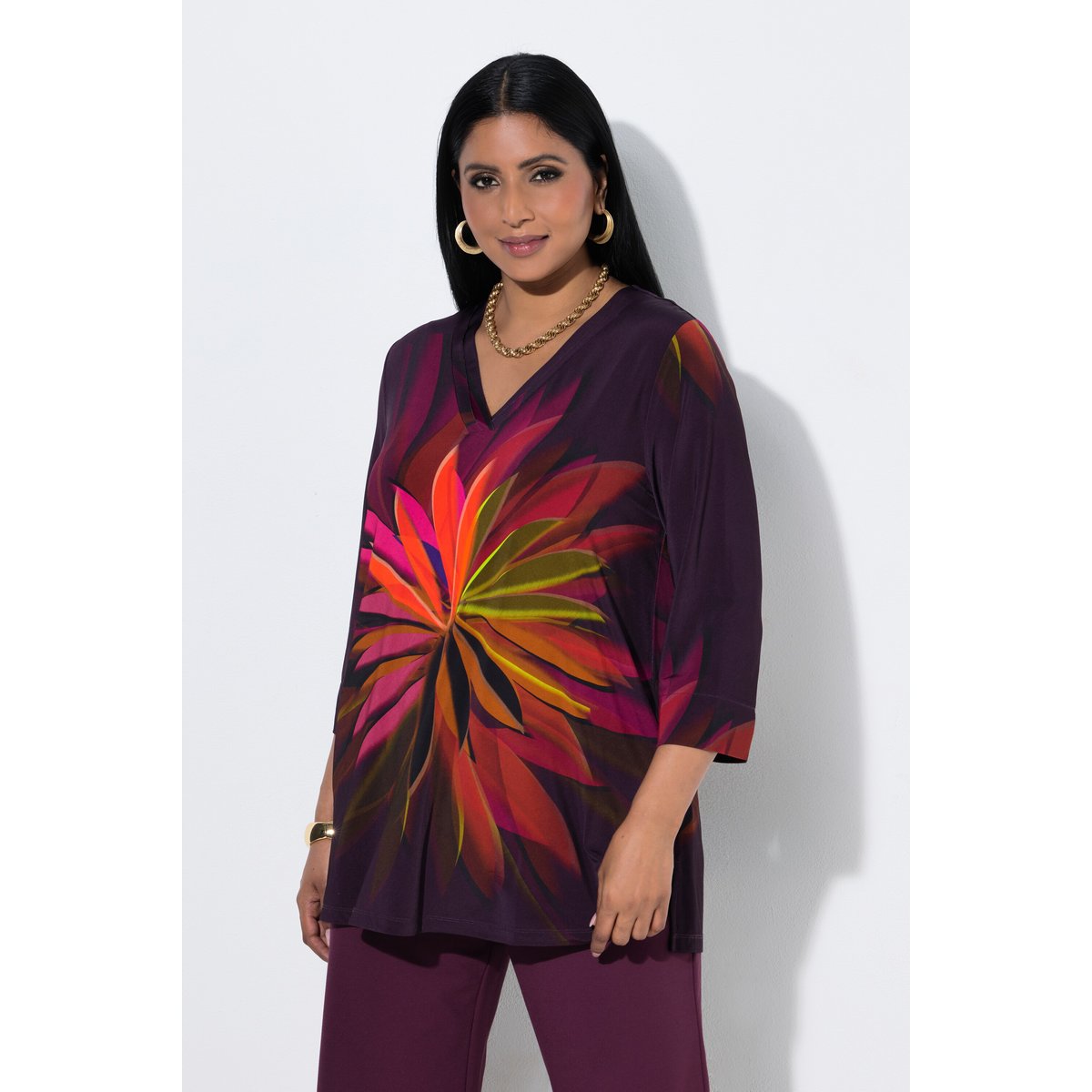 T-shirt long motif feuilles prune foncé, ULLA POPKEN