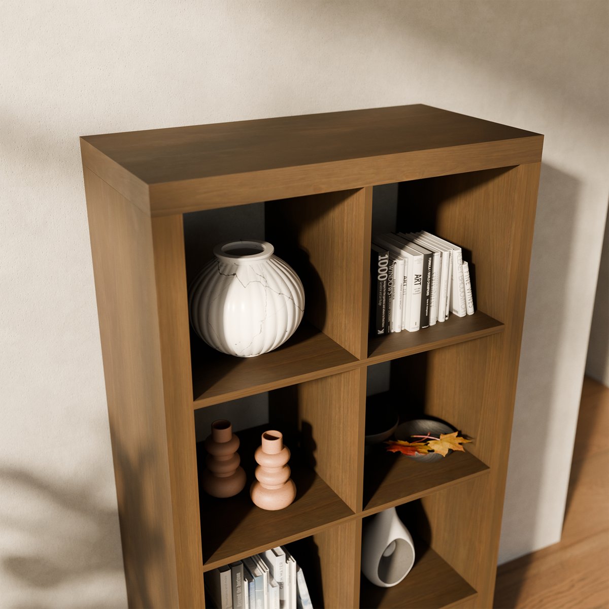 Etagère bibliothèque décor bois 4 niveaux 8 compartiments BASIKS noyer, SWEEEK