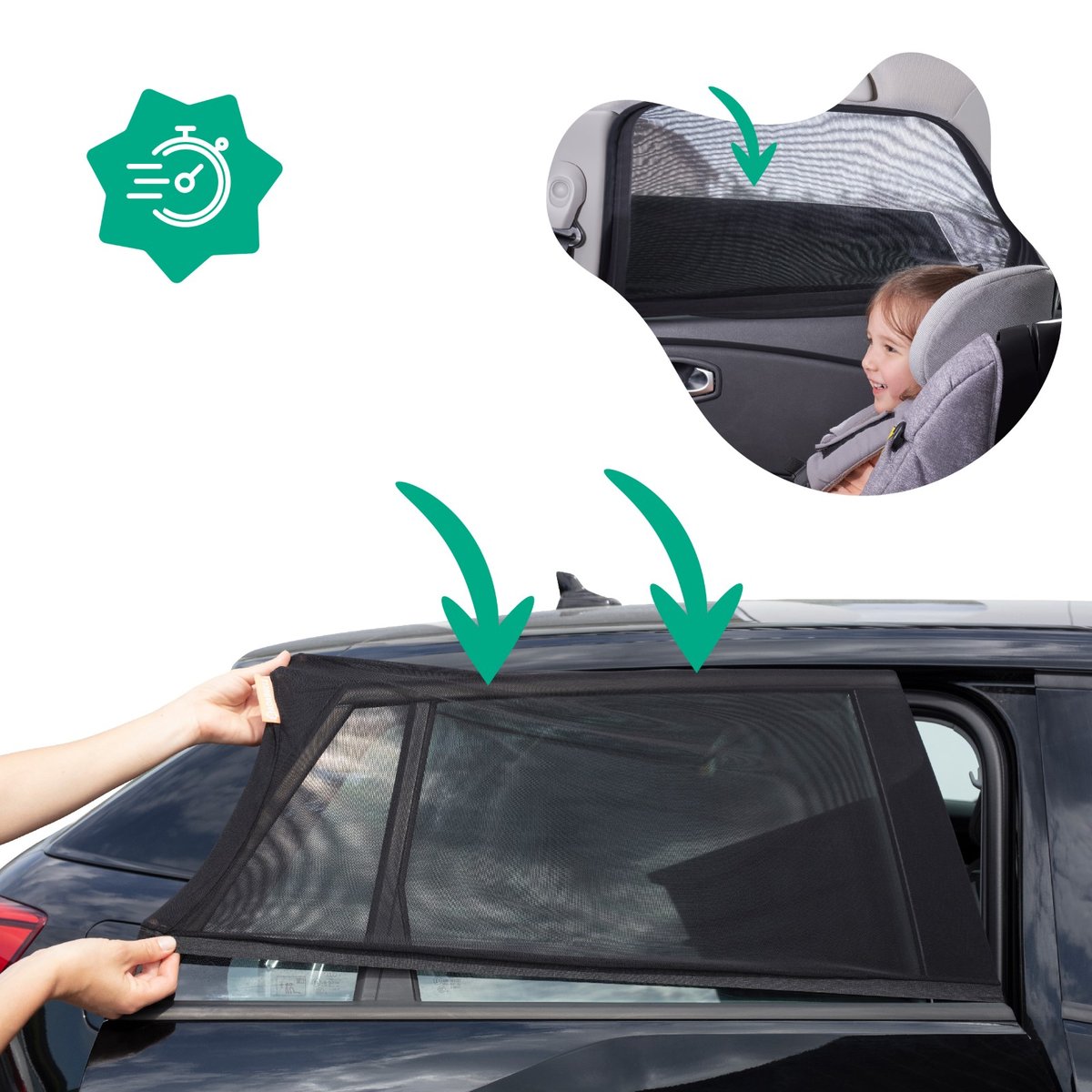 Lot de 2 Chaussettes Pare-Soleil Voiture pour Vitres Arrières noir, BADABULLE
