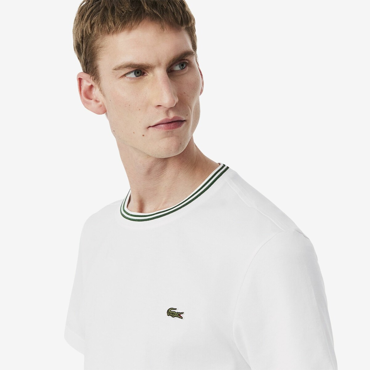 T-shirt met strepen op kraag Regular fit wit, LACOSTE