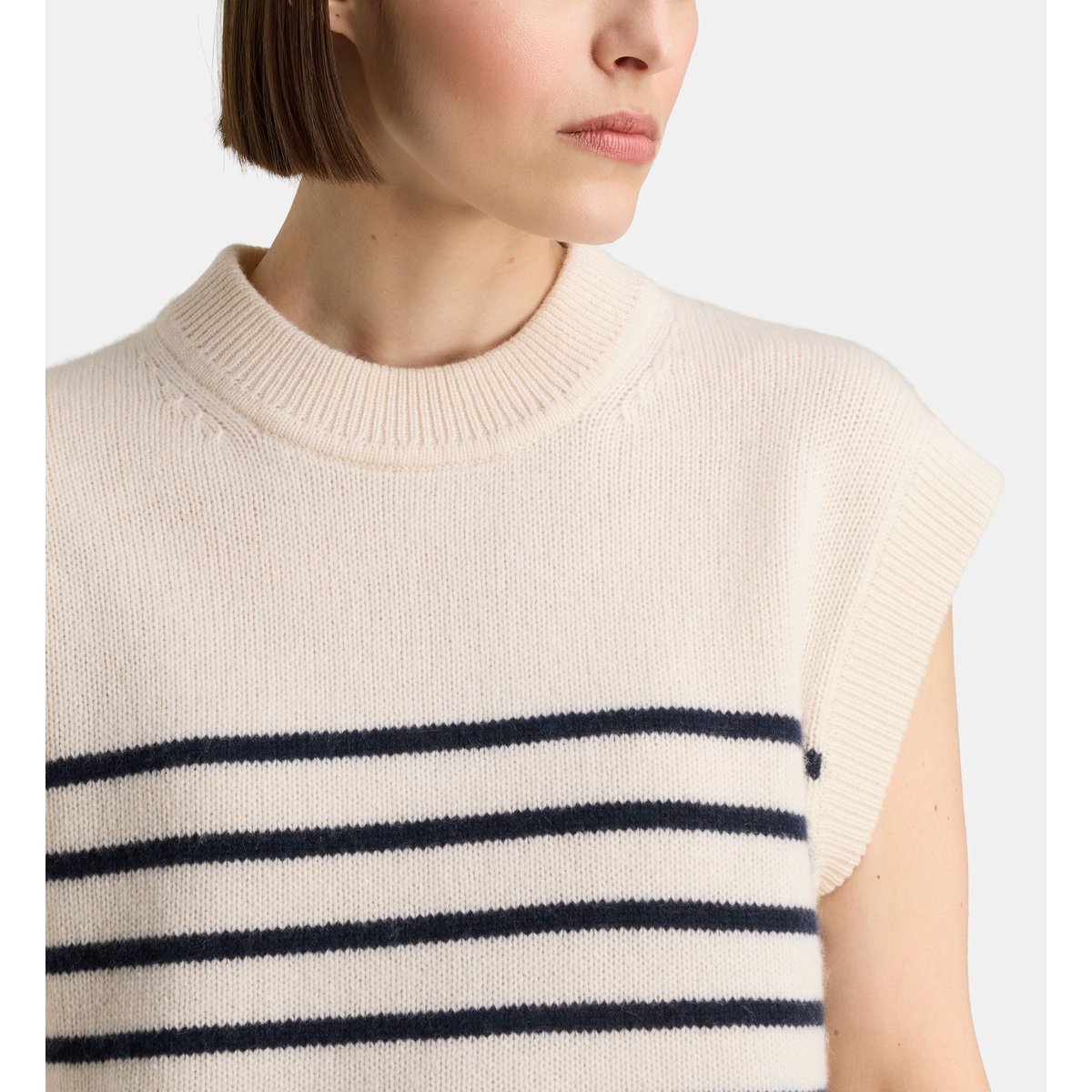 Pull marinière sans manches folal rayé en cachemire écru et bleu, GALERIES LAFAYETTE