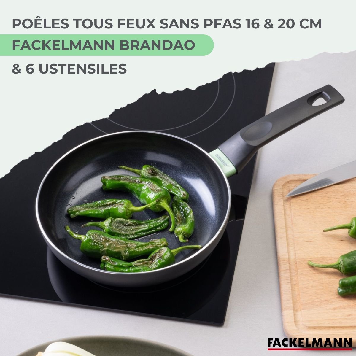 Ensemble de 2 poêles de 16 et 6 ustensiles BRANDAO noir|turquoise, FACKELMANN