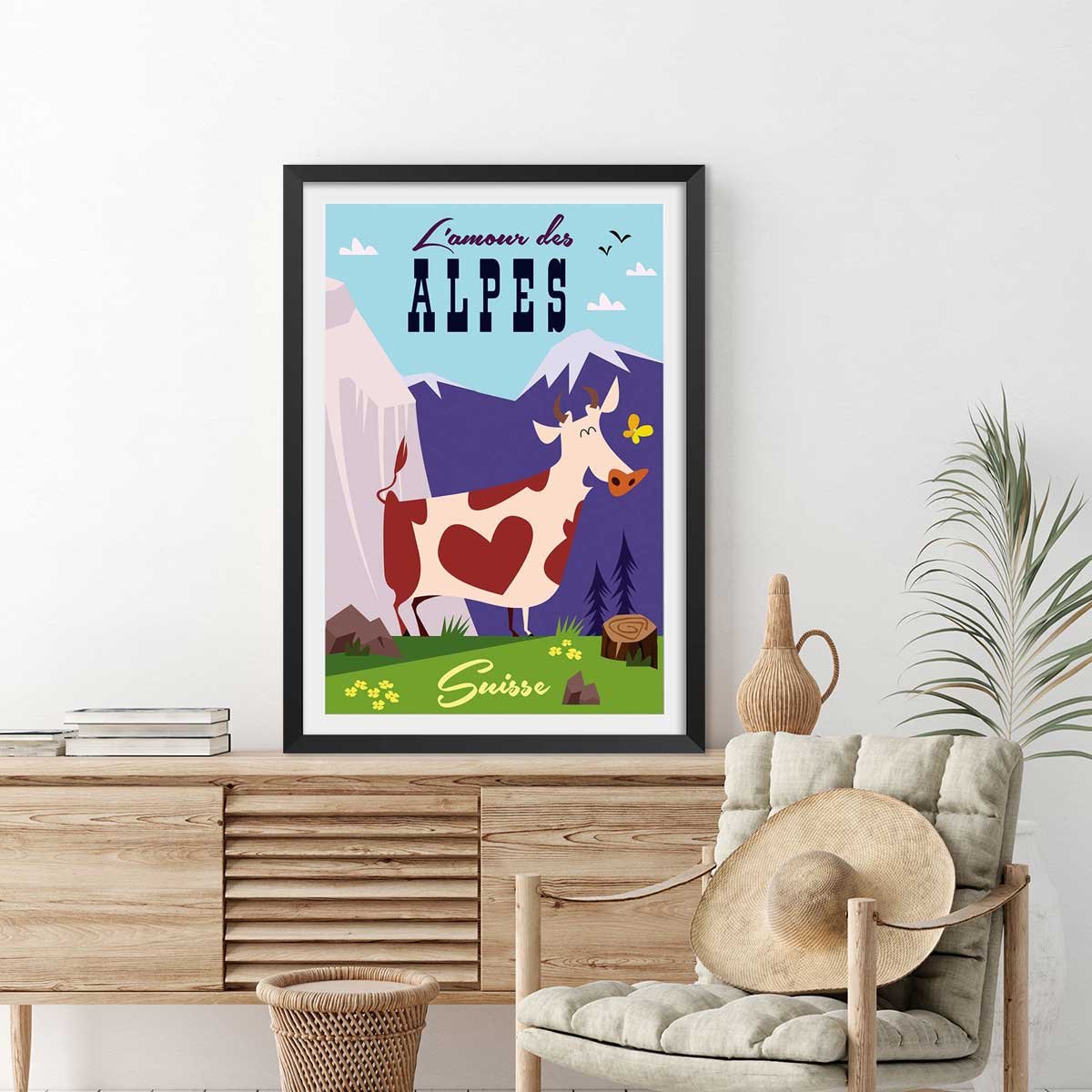Poster de l'amour des alpes suisse affiche + cadre en bois - noir, HEXOA