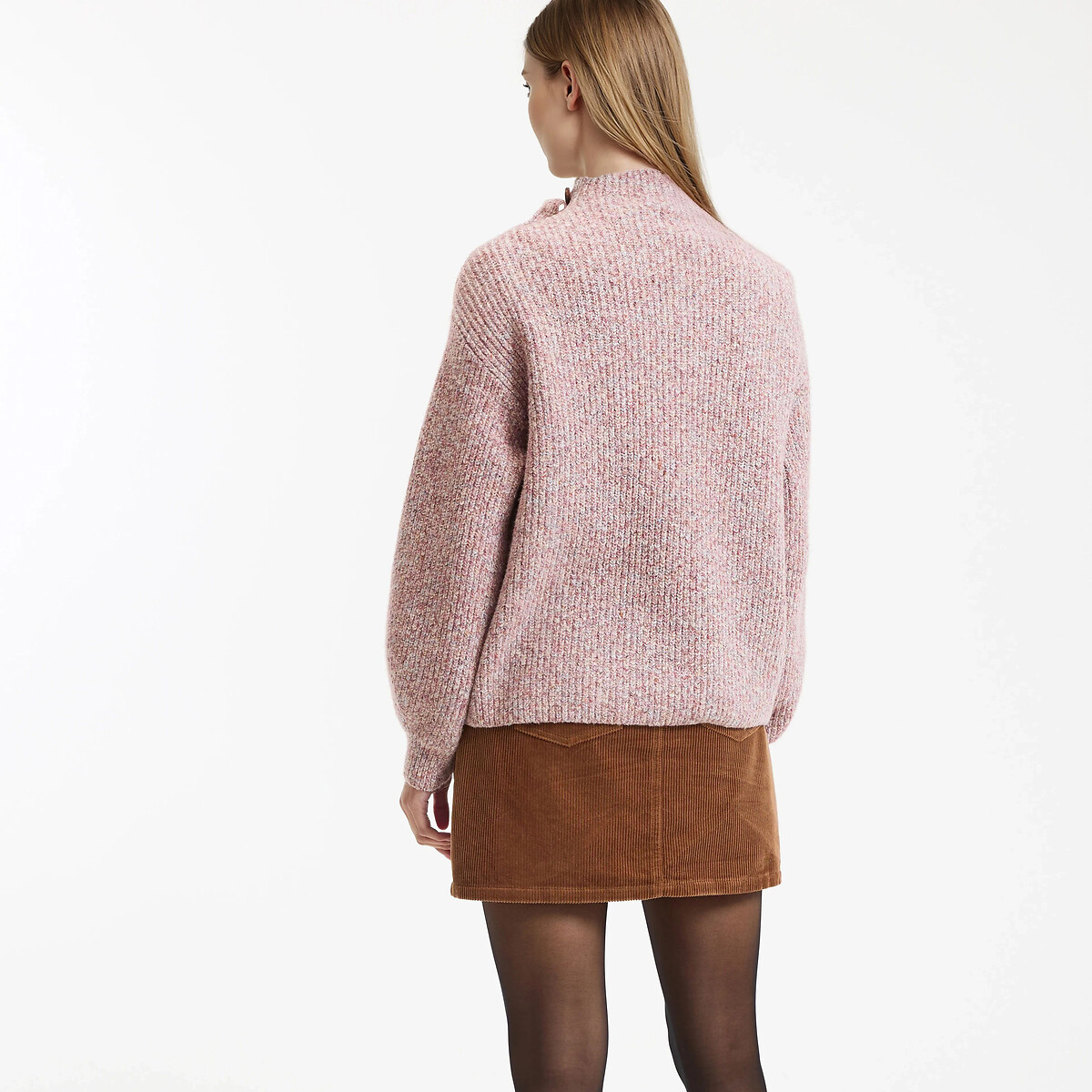 Buttoned High Neck Jumper pink marl, LA REDOUTE COLLECTIONS