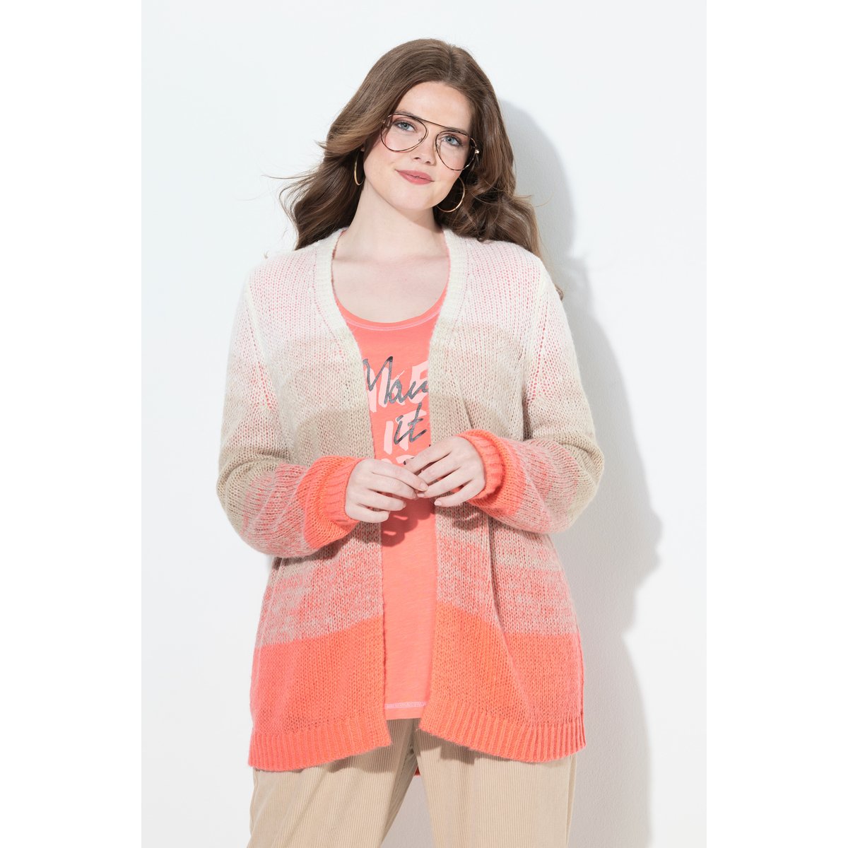 Cardigan encolure en V et manches longues corail, ULLA POPKEN