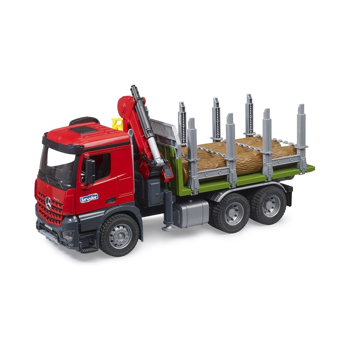 Camion de transport de bois MB Arocs avec grue de chargement, grappin et 3 troncs d'arbre multicolore, BRUDER