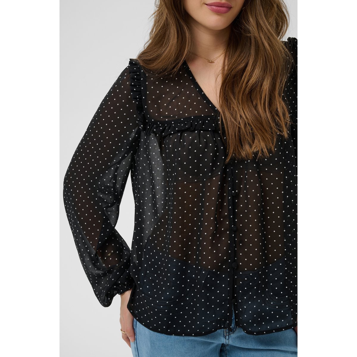 Blouse à manches longues noir black w. small white dots, CREAM