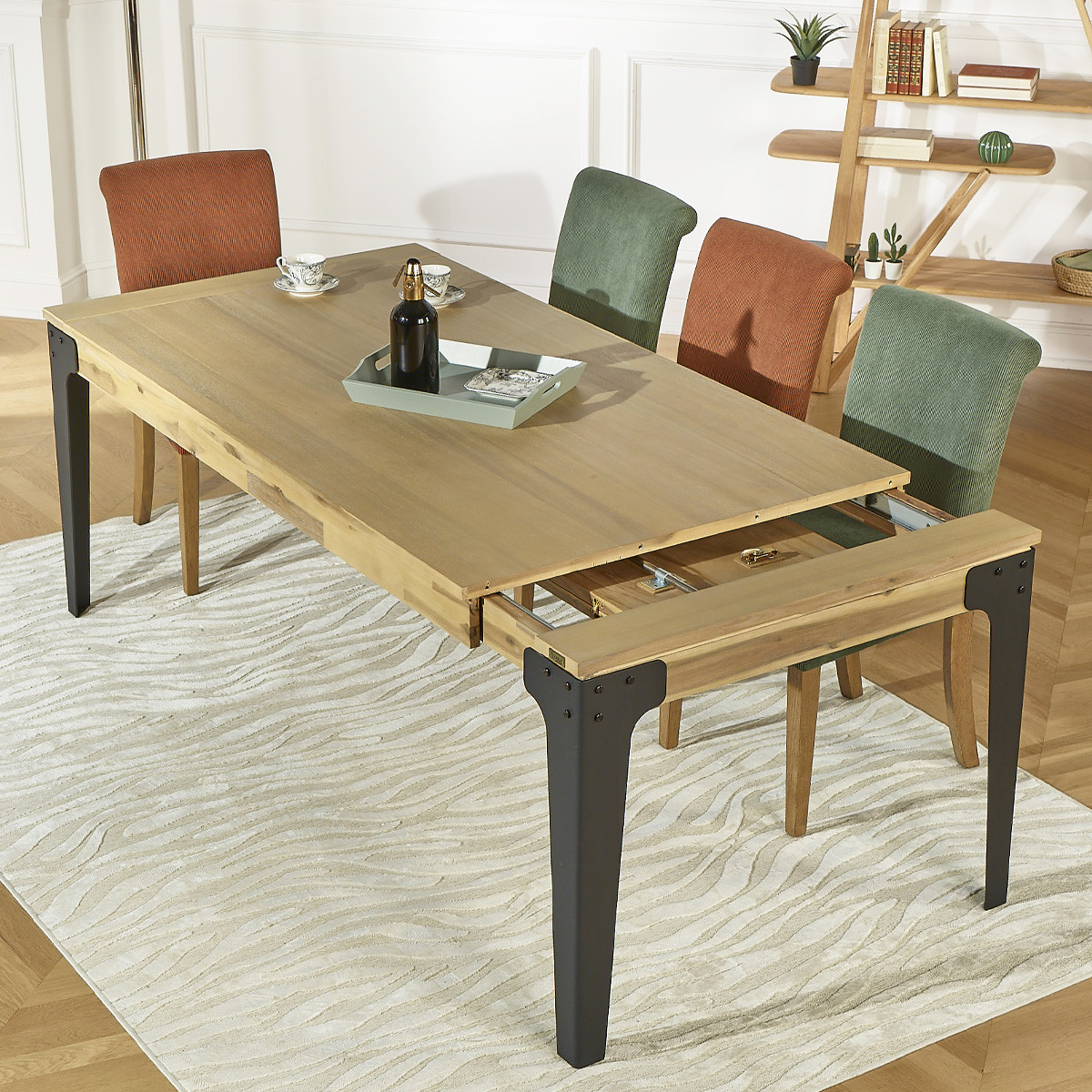 Table rectangulaire en acacia 1 rallonge 8/10 couverts BALTIMORE noire, ROBIN DES BOIS