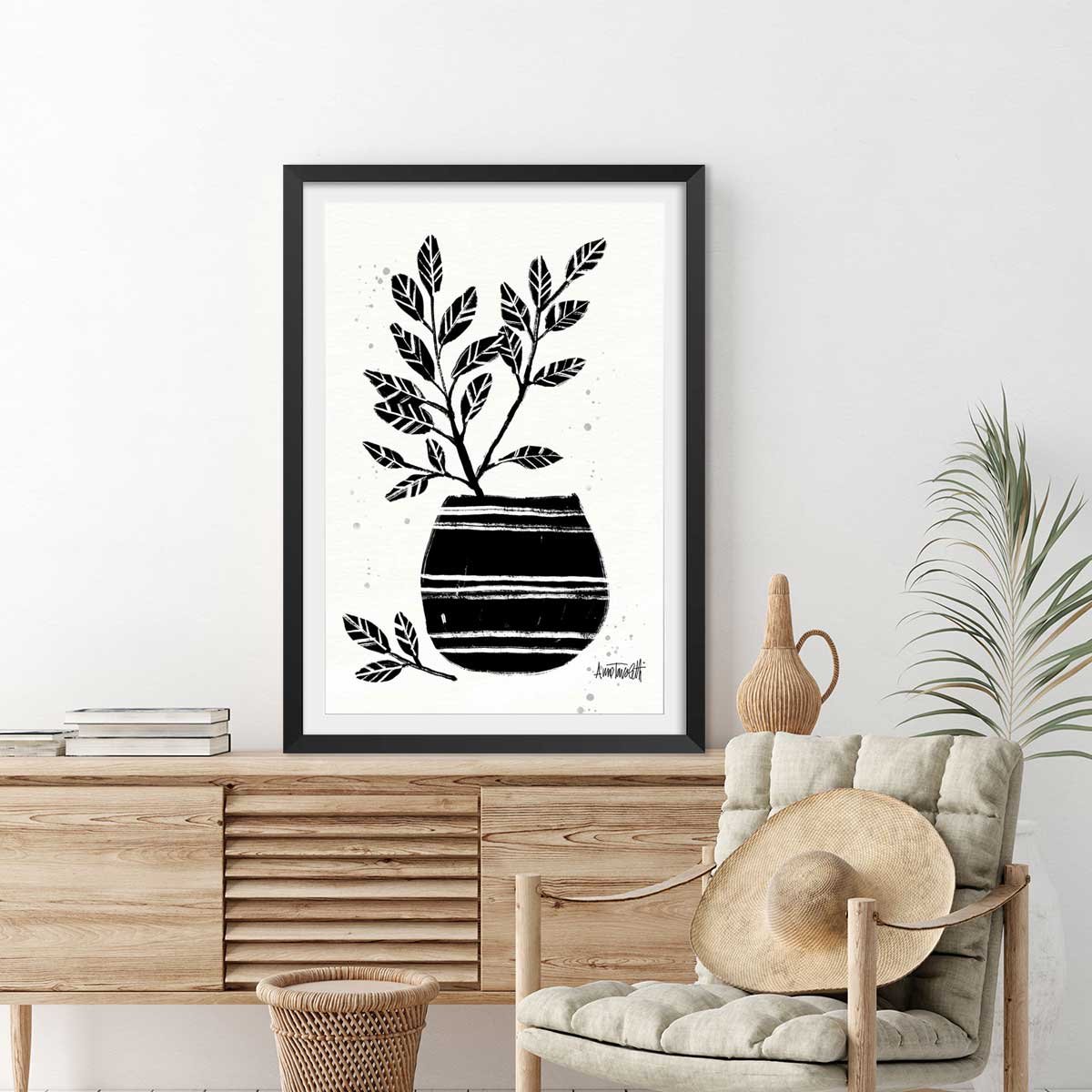 Illustration Poterie et botanique affiche + cadre en bois - noir, HEXOA