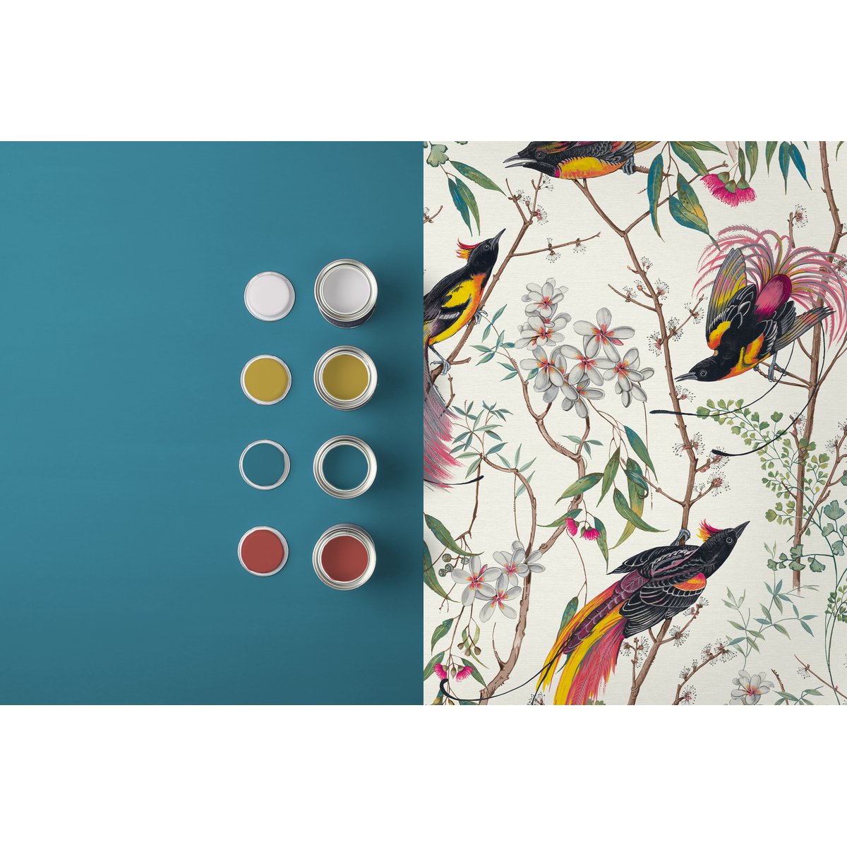 Papier peint Oiseaux Clavering Birds jaune, rose, vert, blanc cassé, GRAHAM ET BROWN
