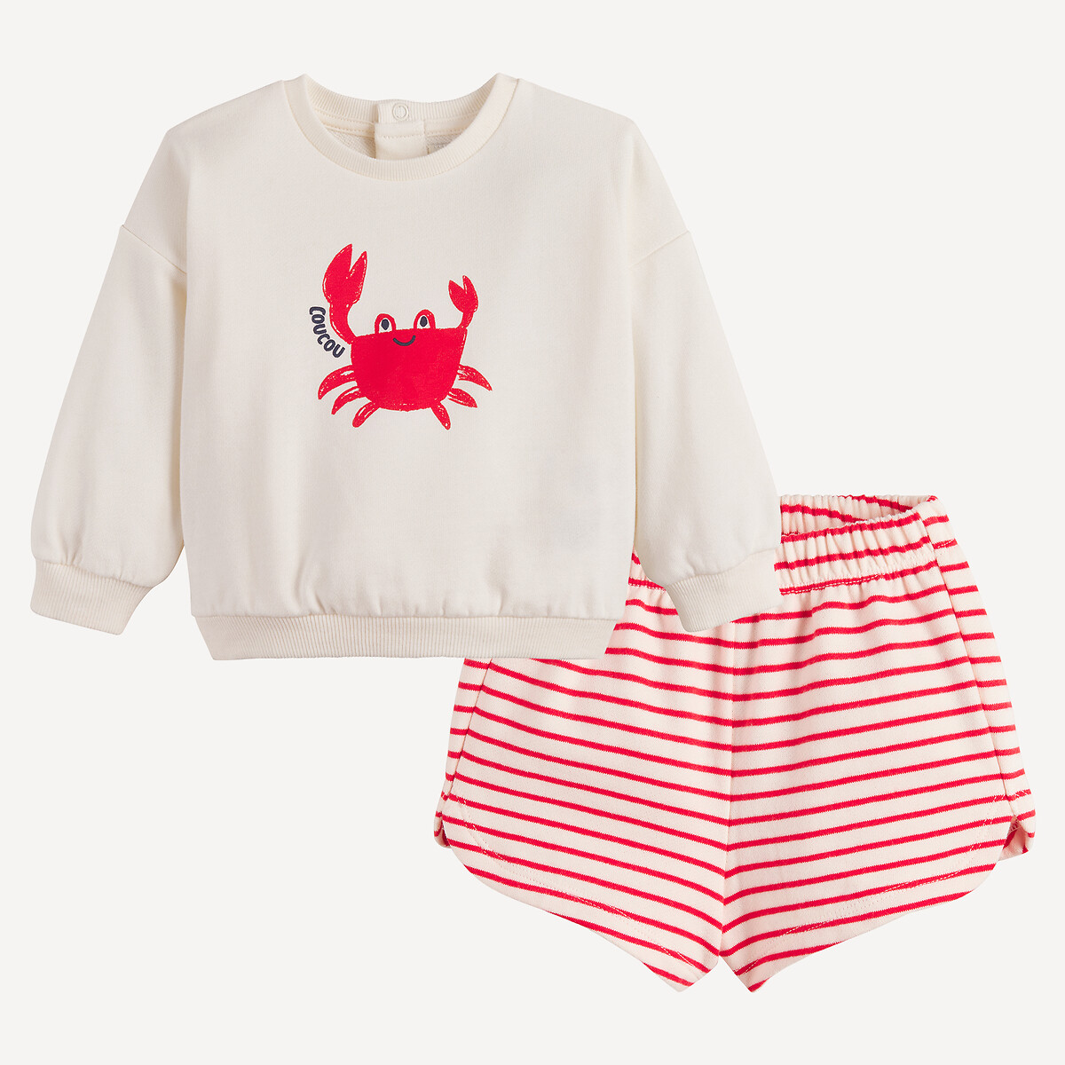 2-Delige set van sweatshirt met krab en gestreepte short in molton rood/ecru, LA REDOUTE COLLECTIONS