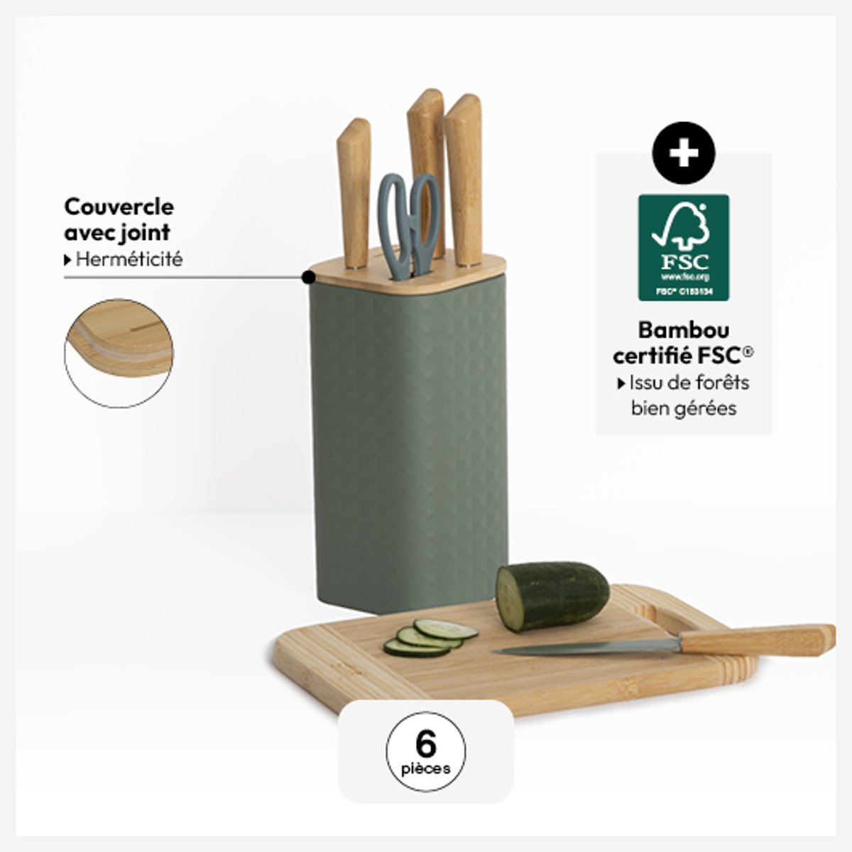 Bloc "Sensia" 4 couteaux et ciseaux manches en bambou blanc, 5FIVE SIMPLY SMART