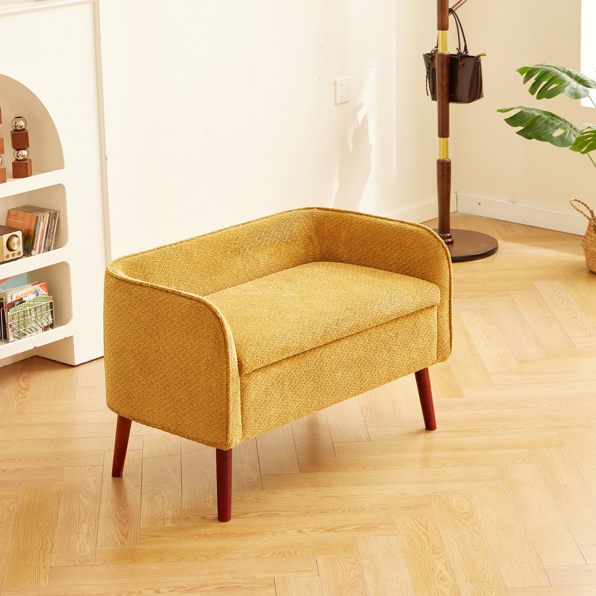 Banc coffre, bois massif et tissu, KIRKENES jaune moutarde, NORDLYS