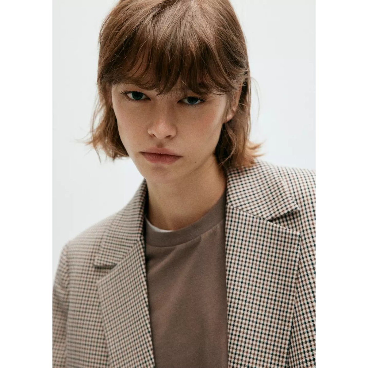 Blazer croisé micro pied-de-poule marron, MANGO