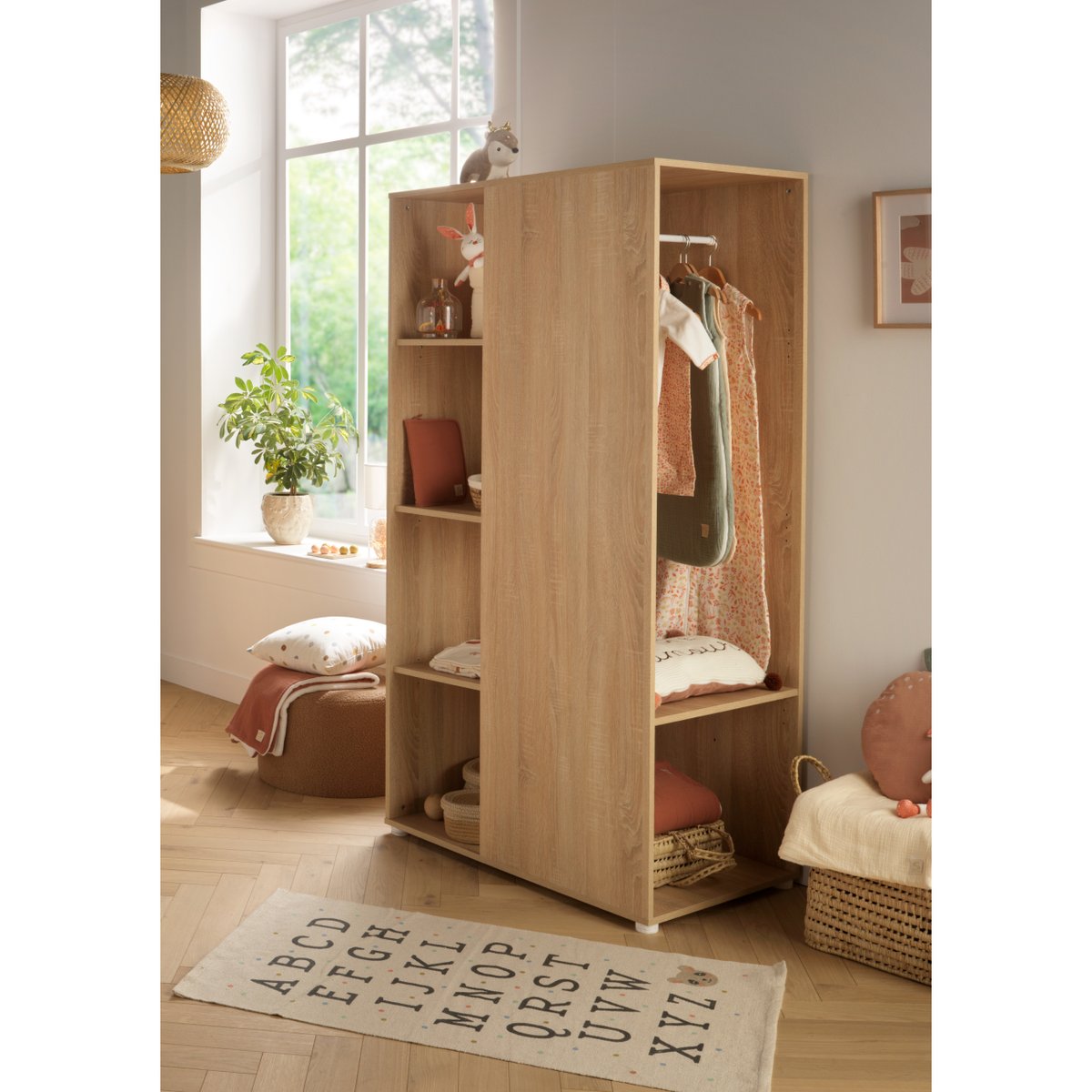 Meuble de rangement avec étagères et penderie en décor bois marron, BABY PRICE