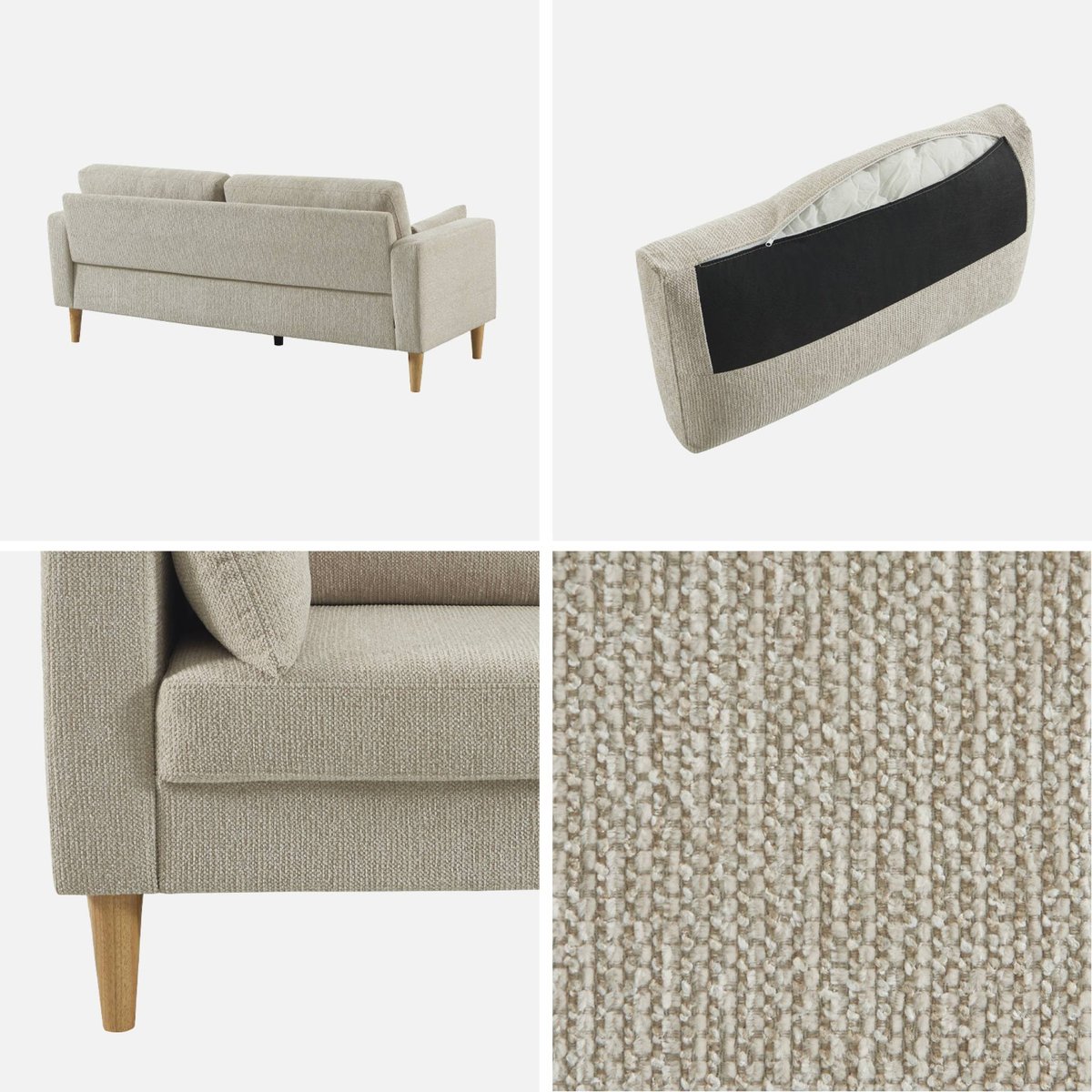 Canapé bois d'hévéa et tissu chenille 3 places BJORN beige, SWEEEK