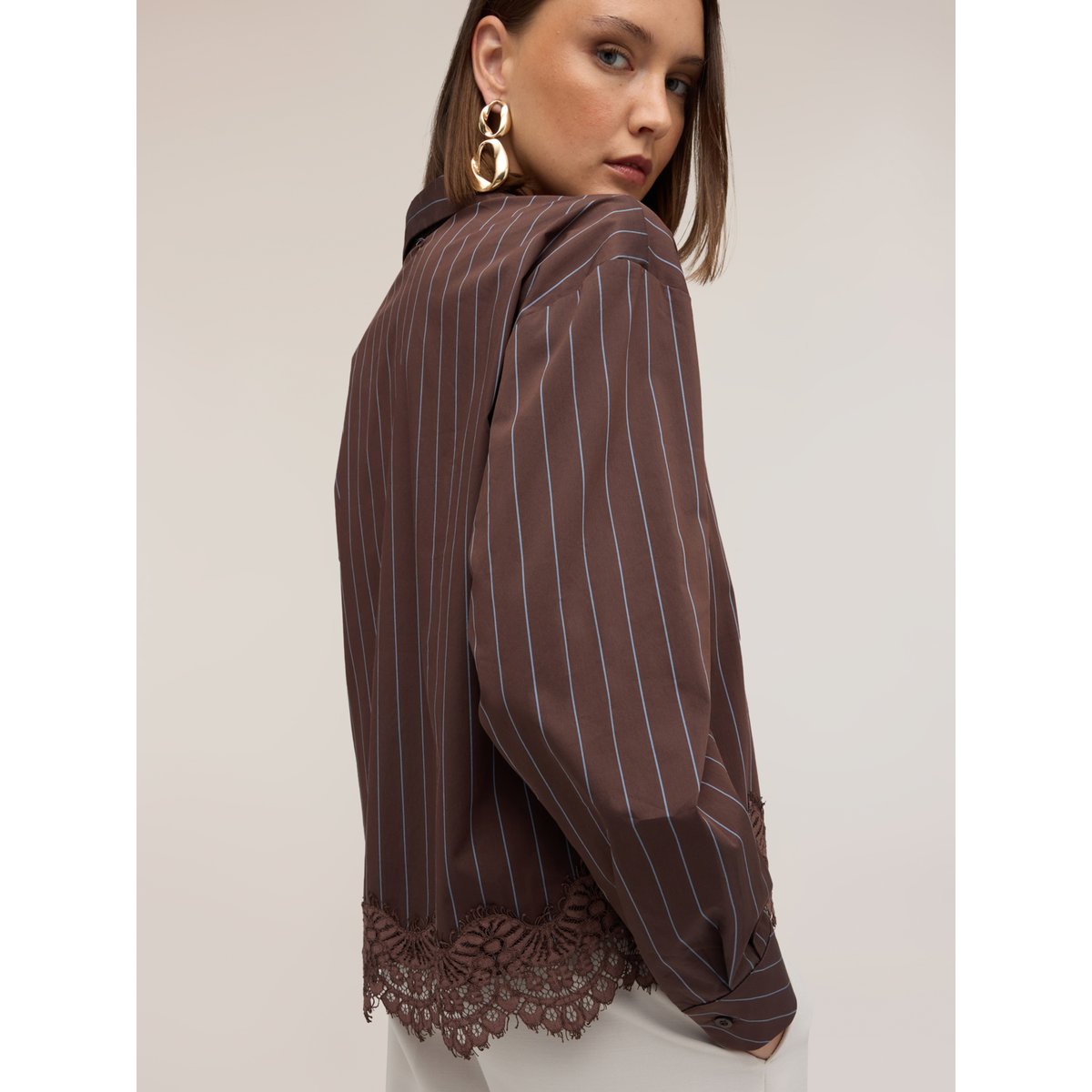 Chemise rayée avec dentelle marron, MOTIVI