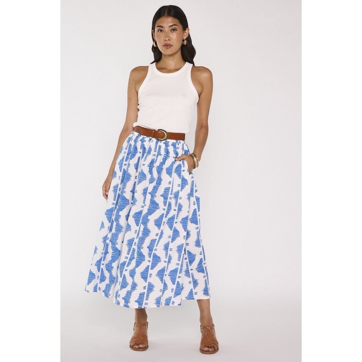Jupe midi fluide imprimée en coton BRUNE bleu roi, Maison 123