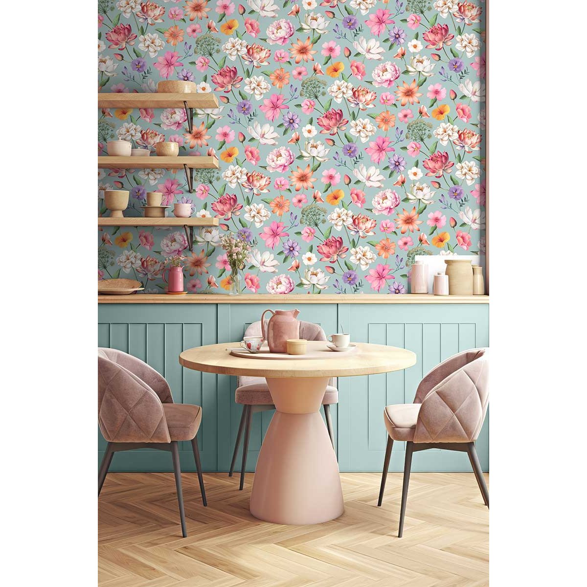Papier peint floral botanique fond rose poudré beige, HEXOA