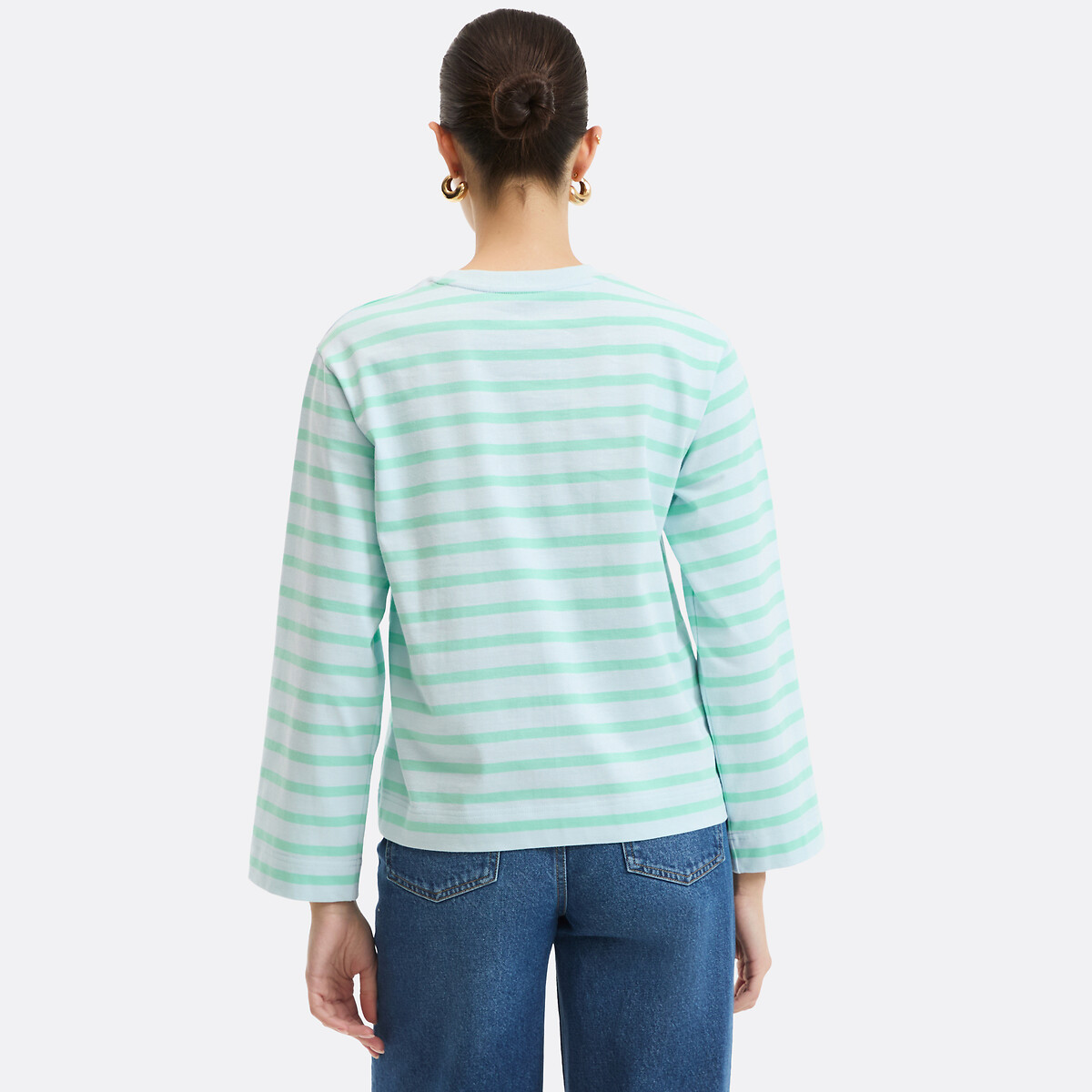 T-shirt loose rayé manches longues en coton rayé bleu vert, LA REDOUTE COLLECTIONS