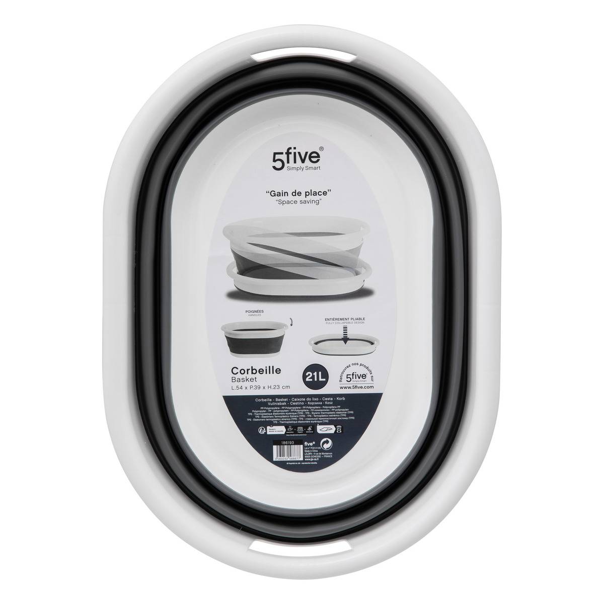 Corbeille à linge pliable 21L RETRACTABLE gris, 5FIVE SIMPLY SMART