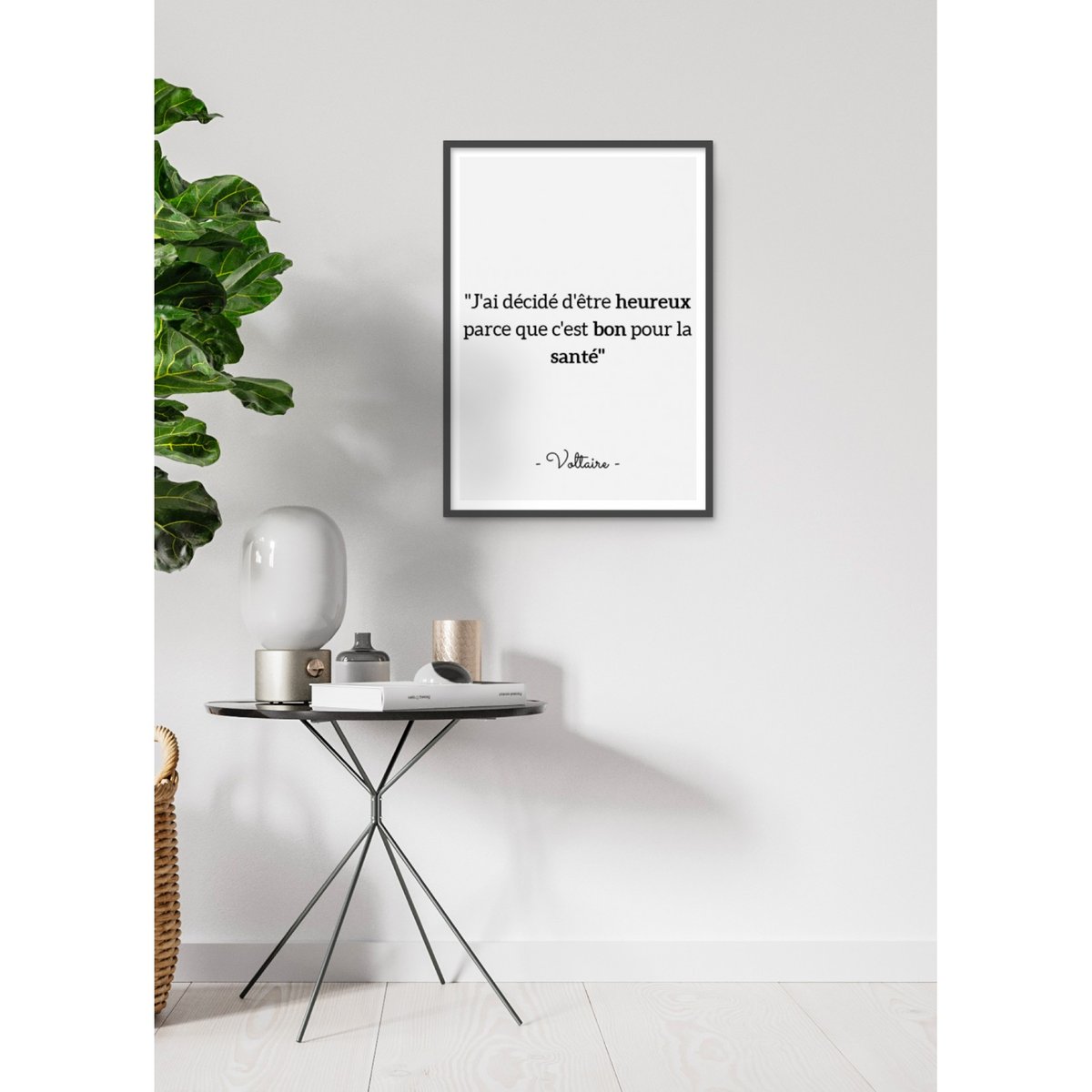 Affiche Voltaire : 'J'ai décidé d'être heureux...' blanc, L'AFFICHERIE