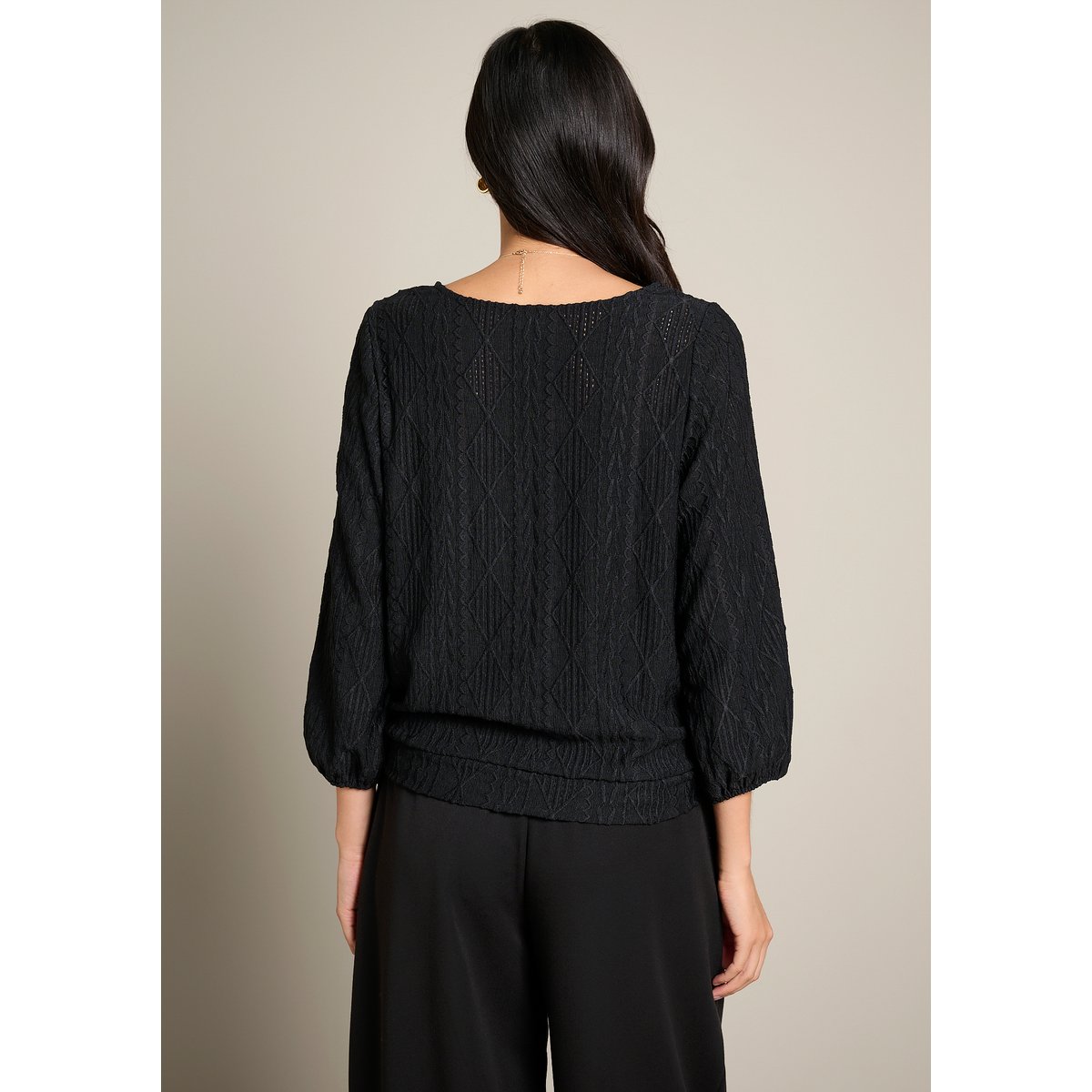 T-shirt texturé manches 3/4 col bateau noir, LOLALIZA