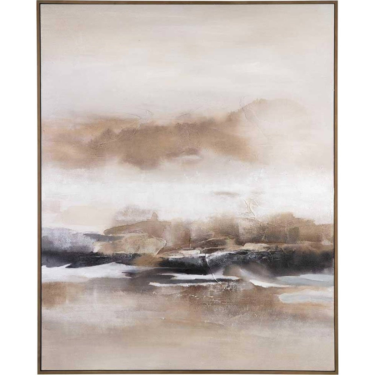 Tableau abstrait rectangulaire en toile beige naturel effet brume marron, RECOLLECTION