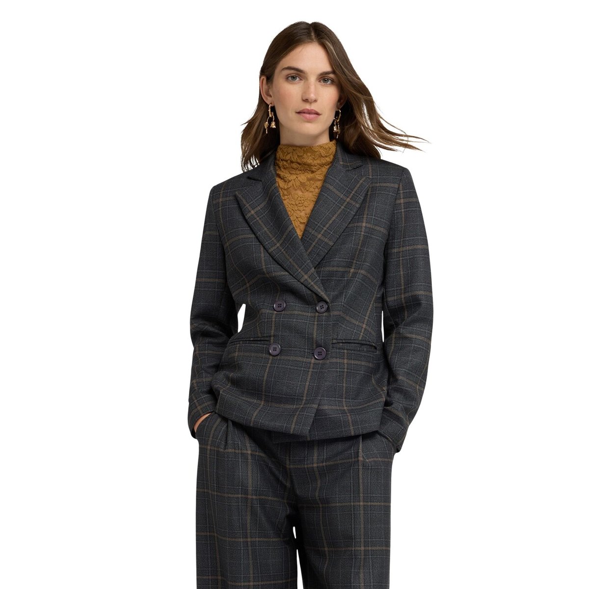 Veste structurée courte à double boutonnage à carreaux gris, MOTIVI