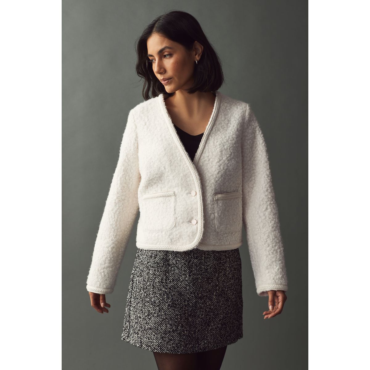 Veste à col v en tissu bouclé écru, NEXT