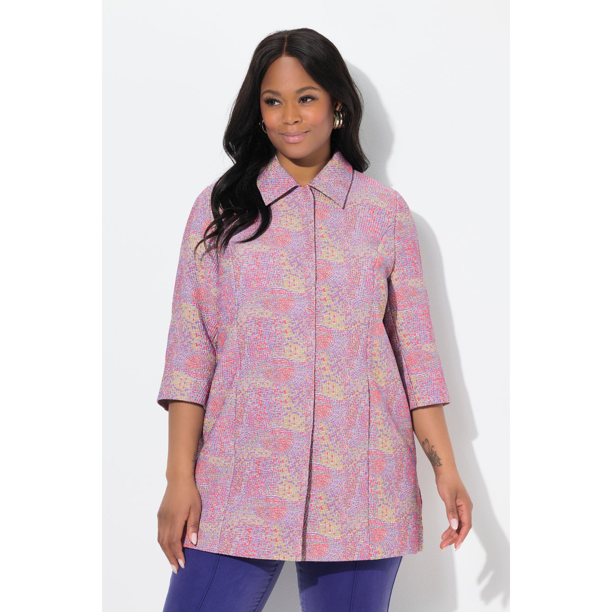 Veste à col chemise et manches 3/4. Motif lavande, ULLA POPKEN