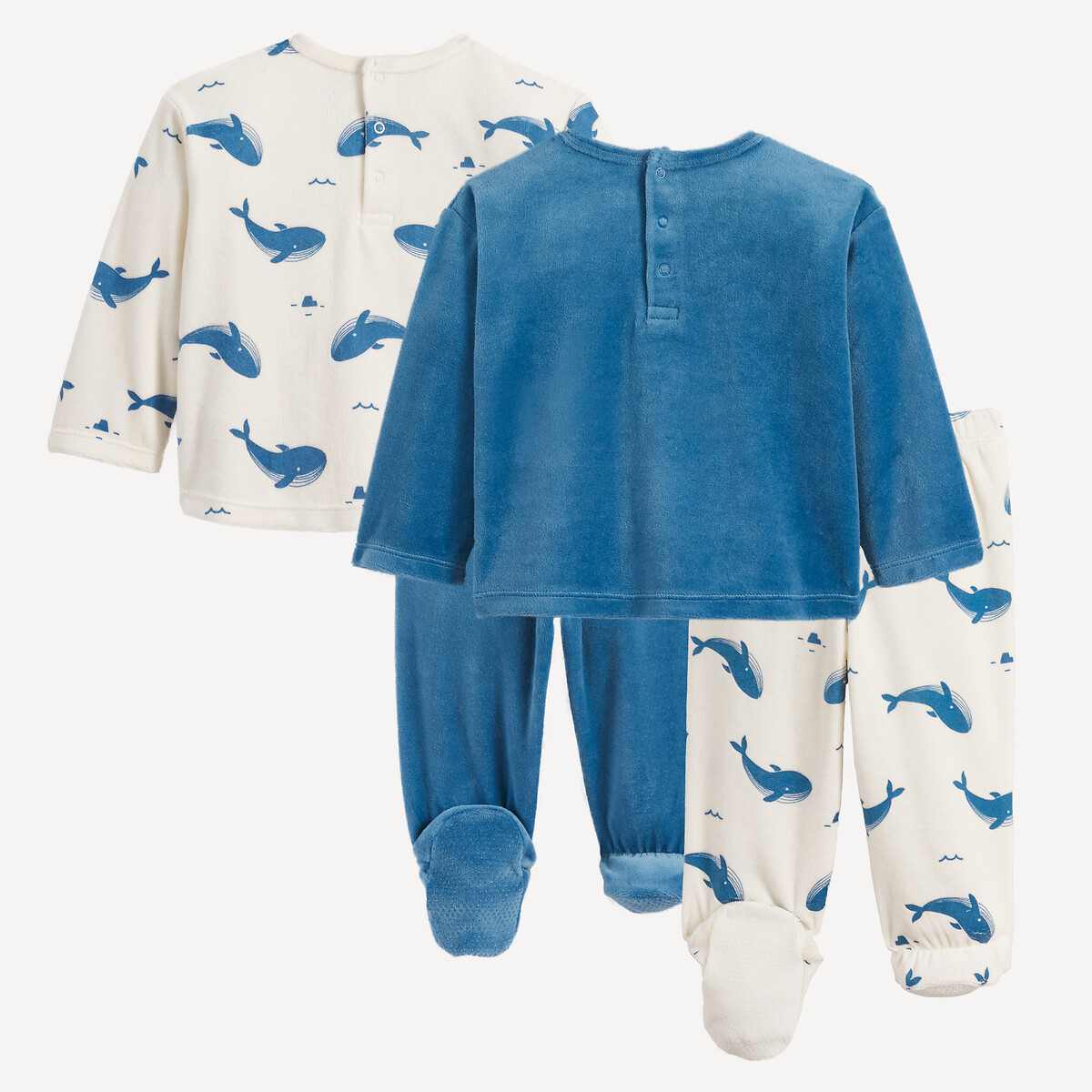 Lot de 2 pyjamas 2 pièces, avec pieds, en velours, motif baleines assortis, LA REDOUTE COLLECTIONS